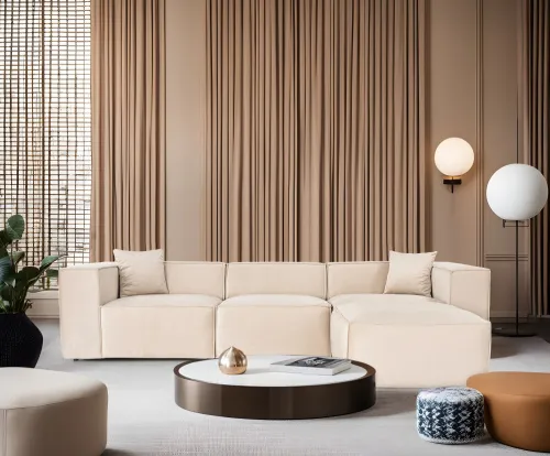 Rohová sedacia súprava / Rohová pohovka Lora (L1-O1-1R-POUFFE ) - Cream