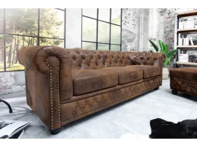 Estila Luxusná vintage hnedá sedačka Antik s chesterfield prešívaním z kože s nitmi s čiernymi nožičkami 205 cm