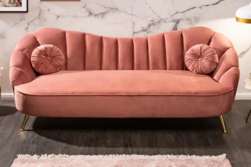 Estila Art-deco jedinečná staroružová zamatová sedačka Meridea na nožičkách zlatej farby 220cm