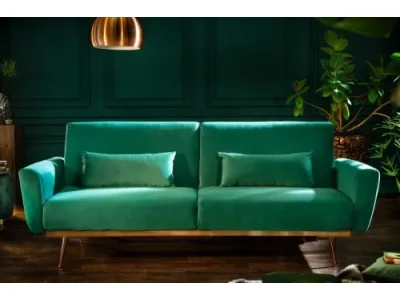 Estila Retro rozkladacia sedačka Balea II v zelenom zamatovom poťahu s medenými nohami 208cm