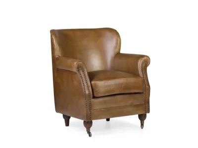 Estila Kožené vintage kreslo Marione v hnedom prevedení s masívnymi nožičkami na koliečkach a vybíjaným kovovým zdobením 80cm