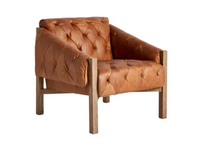 Estila Kožené vintage kreslo Robel s hnedým prešívaným čalúnením a drevenými nohami 75cm