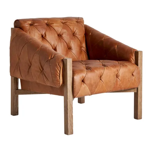 Estila Kožené vintage kreslo Robel s hnedým prešívaným čalúnením a drevenými nohami 75cm