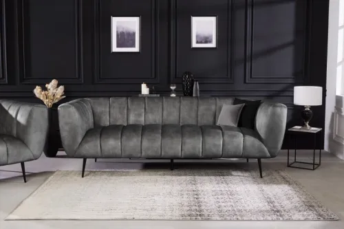 Estila Moderná zamatová sedačka Vermont v tmavo sivej farbe na čiernych nožičkách s prešívaním 225cm