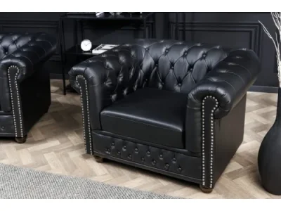 Estila Kožené kreslo Chesterfield v čiernom prevedení s dizajnovým strieborným zdobením 73cm