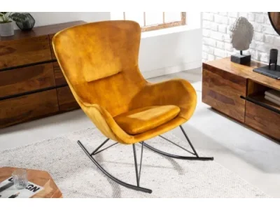 Estila Dizajnové hojdacie kreslo Foamin s horčicovožltým zamatovým poťahom a s čiernou podstavou z kovu 99cm