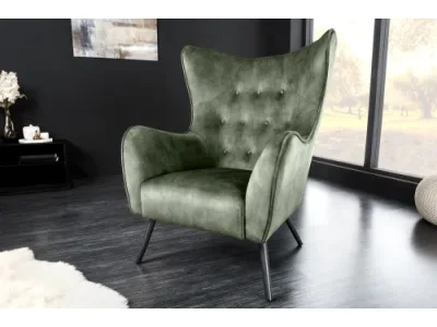 Estila Retro kreslo ušiak Bolte so zamatovým poťahom šalviový zelený