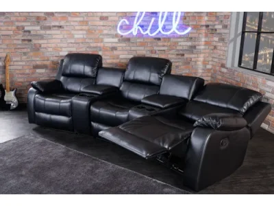Detail produktu Estila Luxusná moderná kinosedačka Phoenix s držiakom na poháre a úložným priestorom z ekokože, trojmiestna čierna 295 cm
