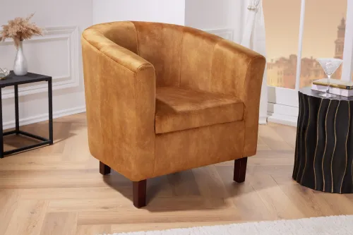 Estila Štýlové čalúnené kreslo Colombo so zamatovým poťahom v zlato hnedej farbe s tmavo hnedými drevenými nožičkami 74 cm