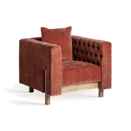 Estila Luxusné čalúnené kreslo Lenny s prešívaním v tehlovo červenej farbe v art deco štýle s drevenými nožičkami 87 cm