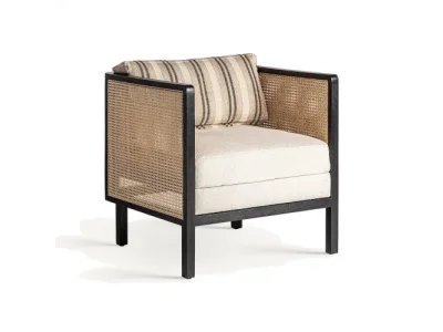 Estila Luxusné dizajnové kreslo Asta s ratanovým výpletom a prúžkovaným vankúšom v odtieňoch hnedej a béžovej 73 cm