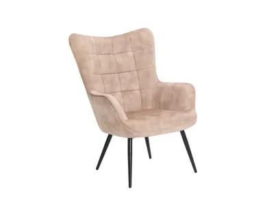 Estila Dizajnové čalúnené kreslo ušiak Scandinavia so zamatovým poťahom v šampanskej béžovej farbe s ozdobným prešívaním 98 cm