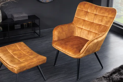 Estila Dizajnové kreslo ušiak Scandinavia s horčicovým žltým zamatovým poťahom s ozdobným prešívaním 98 cm