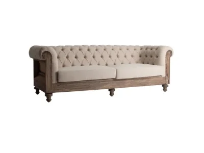 Estila Luxusná vintage sedačka Gretchen so svetlou hnedou drevenou konštrukciou a béžovým čalúnením v chesterfield štýle 238 cm