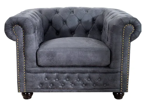Estila Vintage sivé kreslo Chesterfield Grau s ozdobným prešívaním s okrúhlymi gombíkmi a poťahom s efektom vintage kože 105 cm