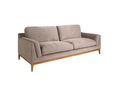 Detail produktu Estila Luxusná moderná trojsedačka Vita Naturale s retro nádychom s textilným poťahom v hnedo sivej farbe a drevenými nožičkami 240 cm