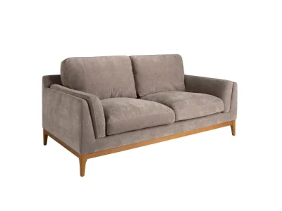 Detail produktu Estila Luxusná moderná čalúnená dvojsedačka Vita Naturale s retro nádychom s drevenými nožičkami a textilným poťahom hnedo sivá 195 cm