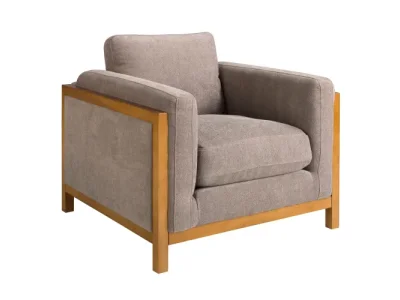 Estila Luxusné moderné čalúnené kreslo Vita Naturale s hnedosivým textilným poťahom a dreveným rámom 98 cm