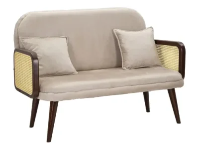 Estila Dizajnová retro dvojmiestna ratanová sedačka Salov s béžovým zamatovým poťahom s vidieckym výpletom 131 cm