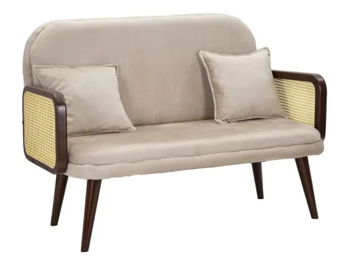 Estila Dizajnová retro dvojmiestna ratanová sedačka Salov s béžovým zamatovým poťahom s vidieckym výpletom 131 cm
