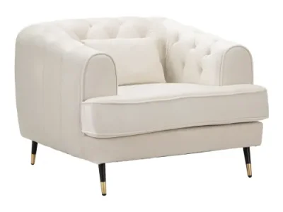 Estila Art deco štvorcové zamatové čalúnené prešívané krémové kreslo Lana s čiernymi nožičkami so zlatými detailmi 93 cm