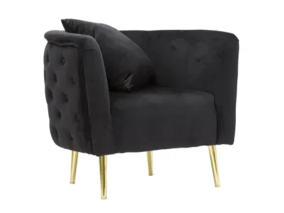 Estila Art deco zaoblené prešívané čalúnené kreslo Zeran so zamatovým poťahom v čiernej farbe so zlatými kovovými nožičkami 76 cm