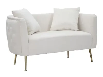 Estila Art deco dvojmiestna obdĺžniková čalúnená zamatová prešívaná sedačka Zeran v krémovej farbe so zlatými kovovými nožičkami 127 cm