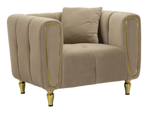 Estila Glamour kreslo Celestia so zamatovým poťahom v svetlo hnedej farbe s vertikálnym prešívaním a zlatými detailmi a vankúšom 97 cm