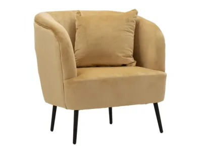 Detail produktu Estila Moderné dizajnové kreslo Cally s vankúšom a zamatovým poťahom v okrovej žltej farbe s čiernymi nožičkami 78 cm