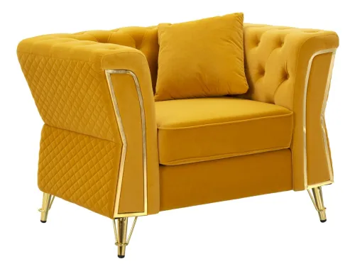 Estila Glamour kreslo Velaria s operadlom v chesterfield dizajne so zamatovým čalúnením v žltej farbe a zlatými detailmi 104 cm
