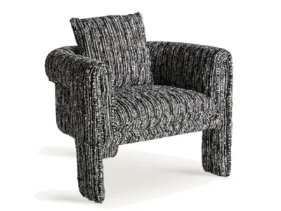 Estila Luxusné moderné kreslo Nikolay s celoplošným čalúnením s melírovaným vzorom v čiernej a bielej farbe s vankúšom 82 cm
