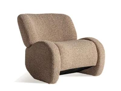 Detail produktu Estila Luxusné dizajnové čalúnené kreslo Ramia v béžovo hnedej farbe s textilným poťahom s čiernou drevenou dekoráciou 90 cm