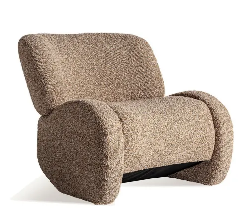 Estila Luxusné dizajnové čalúnené kreslo Ramia v béžovo hnedej farbe s textilným poťahom s čiernou drevenou dekoráciou 90 cm