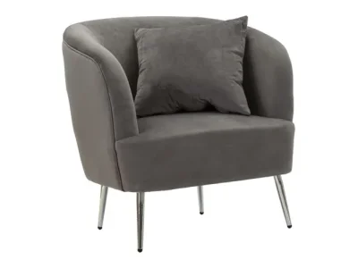 Estila Moderné glamour kreslo Cally s vankúšom so sivým zamatovým čalúnením a lesklými chrómovými nožičkami 78 cm