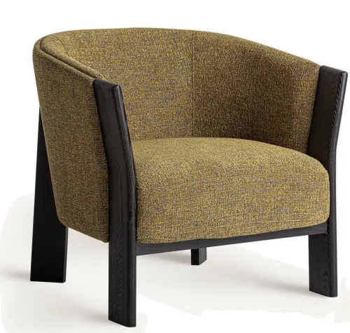 Estila Luxusné škandinávske kreslo Naria s oblým operadlom v žltej melírovanej látke a čiernymi dubovými nožičkami 70 cm