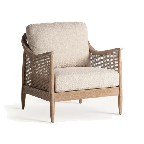 Estila Luxusné retro čalúnené béžové kreslo Milonisa s drevenou hnedou konštrukciou a ratanovým viedenským výpetom 86 cm