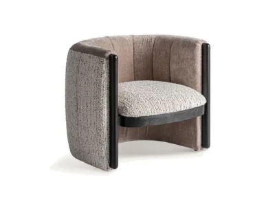 Estila Luxusné retro oblé čalúnené prešívané kreslo Paresol so staroružovým a bielo sivým poťahom s dreveným hnedým dekorom 76 cm