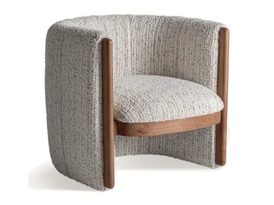 Estila Luxusné art deco čalúnené polkruhové kreslo Janies s bielym textúrovaným poťahom s hnedým dreveným detailom 80 cm