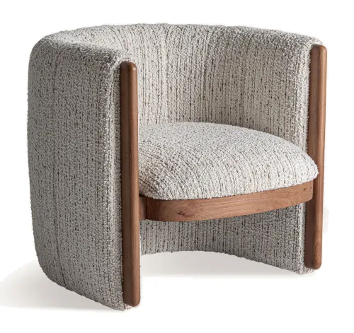 Estila Luxusné art deco čalúnené polkruhové kreslo Janies s bielym textúrovaným poťahom s hnedým dreveným detailom 80 cm