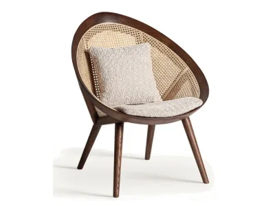 Estila Luxusné art deco geometrické hnedé atypické kreslo Mari s viedenským ratanovým výpletom a masívnym rámom s béžovým poťahom 88 cm