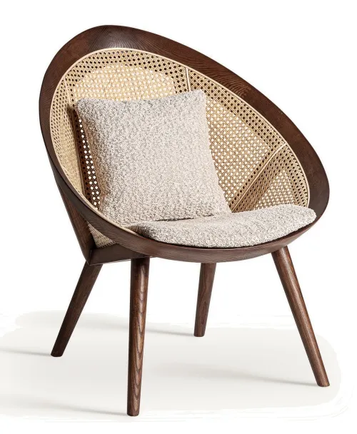 Estila Luxusné art deco geometrické hnedé atypické kreslo Mari s viedenským ratanovým výpletom a masívnym rámom s béžovým poťahom 88 cm