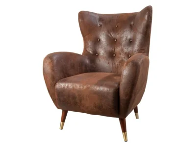 Estila Štýlové art deco kožené ušiakové kreslo Bolte s čalúnením a prešívaným poťahom v hnedej farbe so zlatými detailmi 106 cm