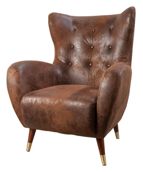 Estila Štýlové art deco kožené ušiakové kreslo Bolte s čalúnením a prešívaným poťahom v hnedej farbe so zlatými detailmi 106 cm