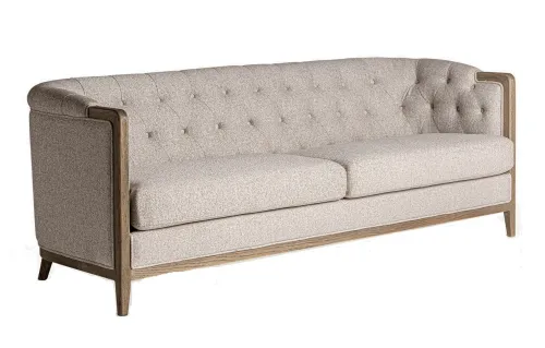 Estila Luxusná vidiecka béžová sedačka Susanne s prešívaním na opierke v chesterfield štýle a hnedou drevenou podstavou 206 cm