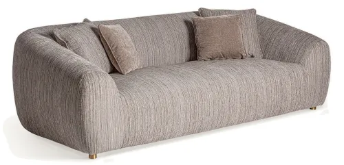 Estila Luxusná art deco trojmiestna čalúnená taupé sedačka Gobala s kovovými zlatými nožičkami a štyrmi vankúšmi 230 cm