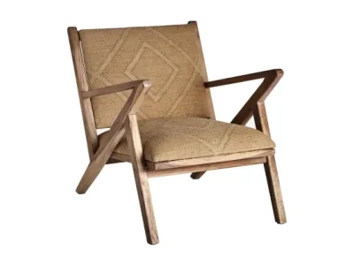 Estila Luxusné etno masívne hnedé kreslo Puris s jutovým hnedým štruktúrovaným poťahom a geometrickým vzorovaním 83 cm