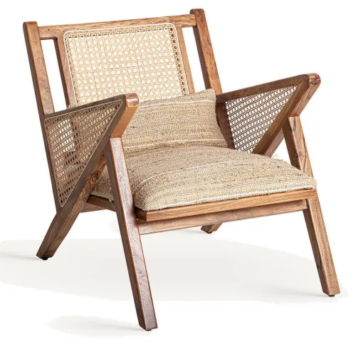 Estila Luxusné masívne kreslo Iudis s hnedým dreveným rámom a béžovým viedenským výpletom s čalúneným sedadlom a vankúšom 73 cm