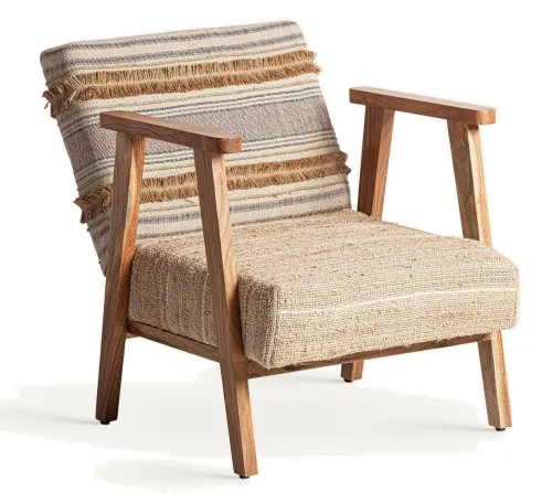 Estila Luxusné retro kreslo Bodhi so vzorovaným pruhovaným béžovým poťahom a hnedým rámom z mangového dreva 71 cm