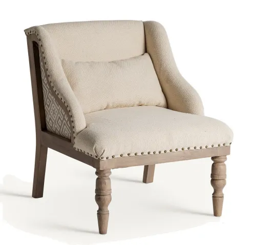 Estila Luxusné provensálské čalúnené krémové kreslo Norod s vybíjanými nitmi so vzorom a masívnymi hnedými nožičkami 75 cm
