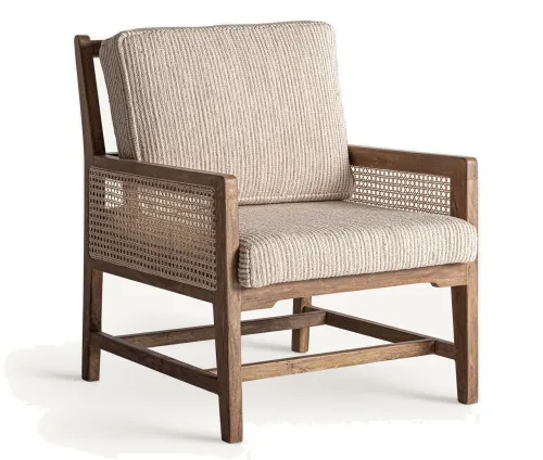 Estila Luxusné koloniálne čalúnené kreslo Robin z masívneho dreva s viedenským ratanovým krémovým výpletom a béžovým poťahom 88 cm